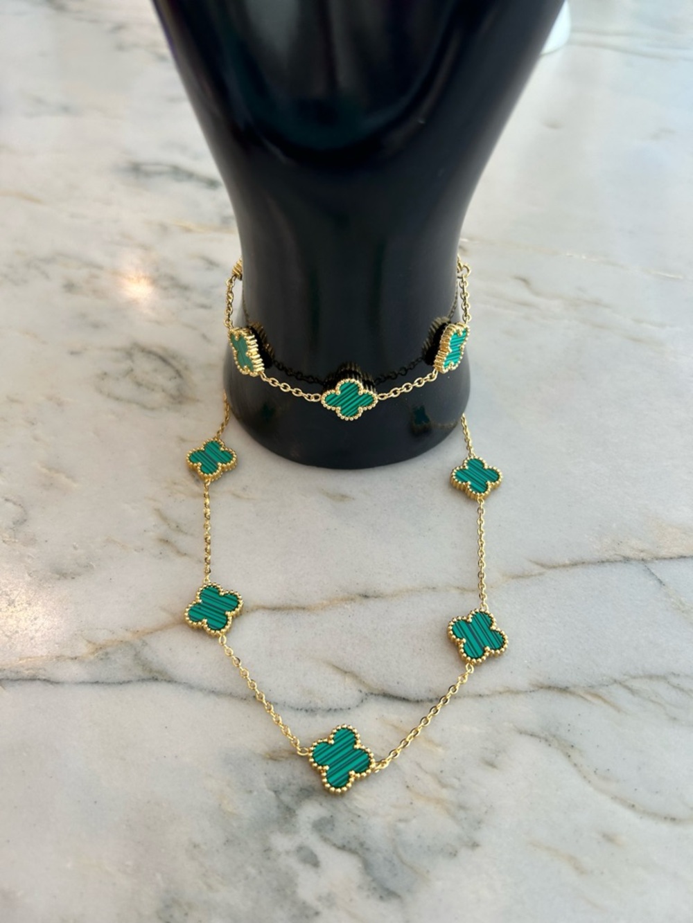 Green Clover Motif Gold Necklace and Bracelet Set